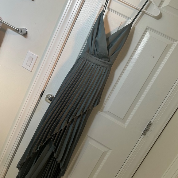 Lulus Ultimate Charm Dark Sage Grey Satin Pleated High-low Maxi Dress - Size L - Picture 6 of 8